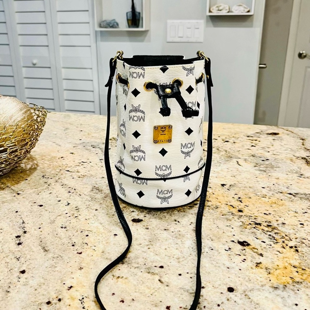 MCM White and Black Bucket Bag